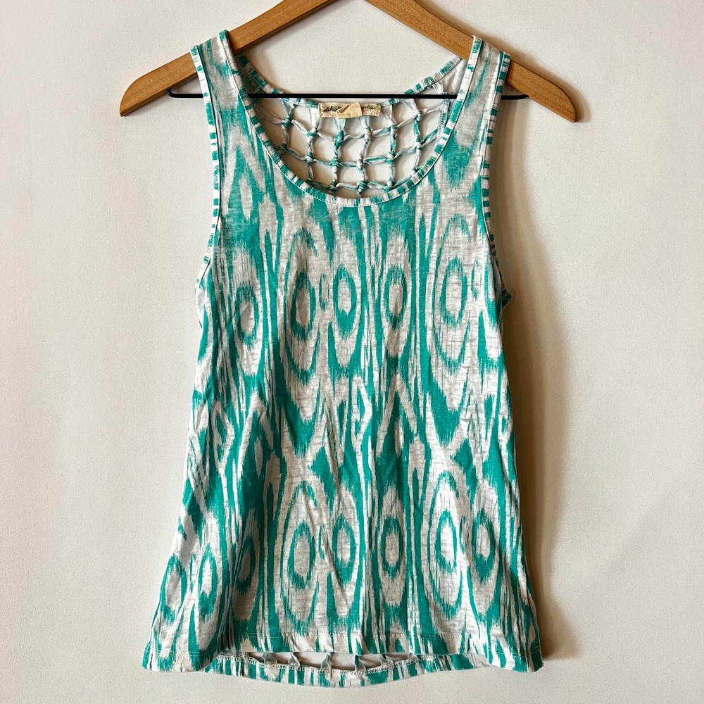 Staring At Stars Teal Blue White Geo Macrame Crochet Back Tank Top Small